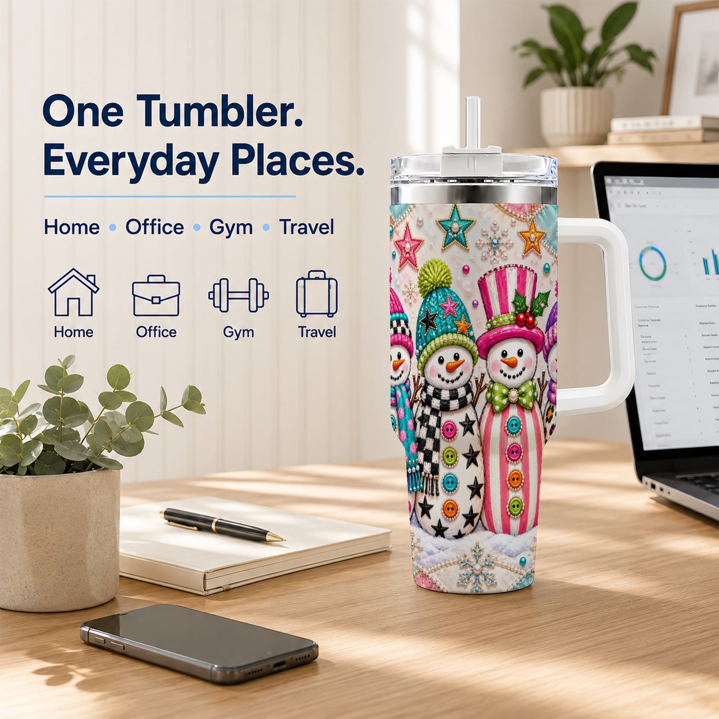 #pl[40oz|White] Patchwork Snowman 40oz Tumbler with Handle, Christmas Travel Cup