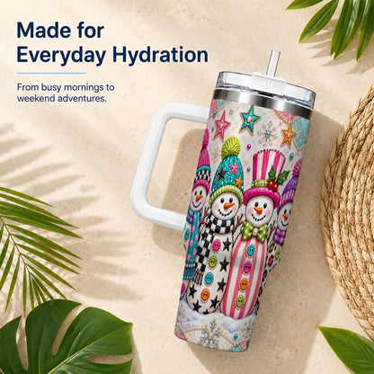 #pl[40oz|White] Patchwork Snowman 40oz Tumbler with Handle, Christmas Travel Cup