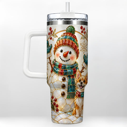 Snowman and Corgi 40oz Tumbler with Handle, Winter Travel Cup