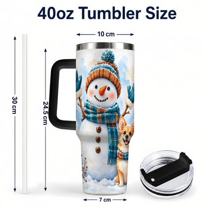 #pl[40oz|Black] Snowman Corgi 40oz Tumbler with Handle, Winter Stainless Steel Cup