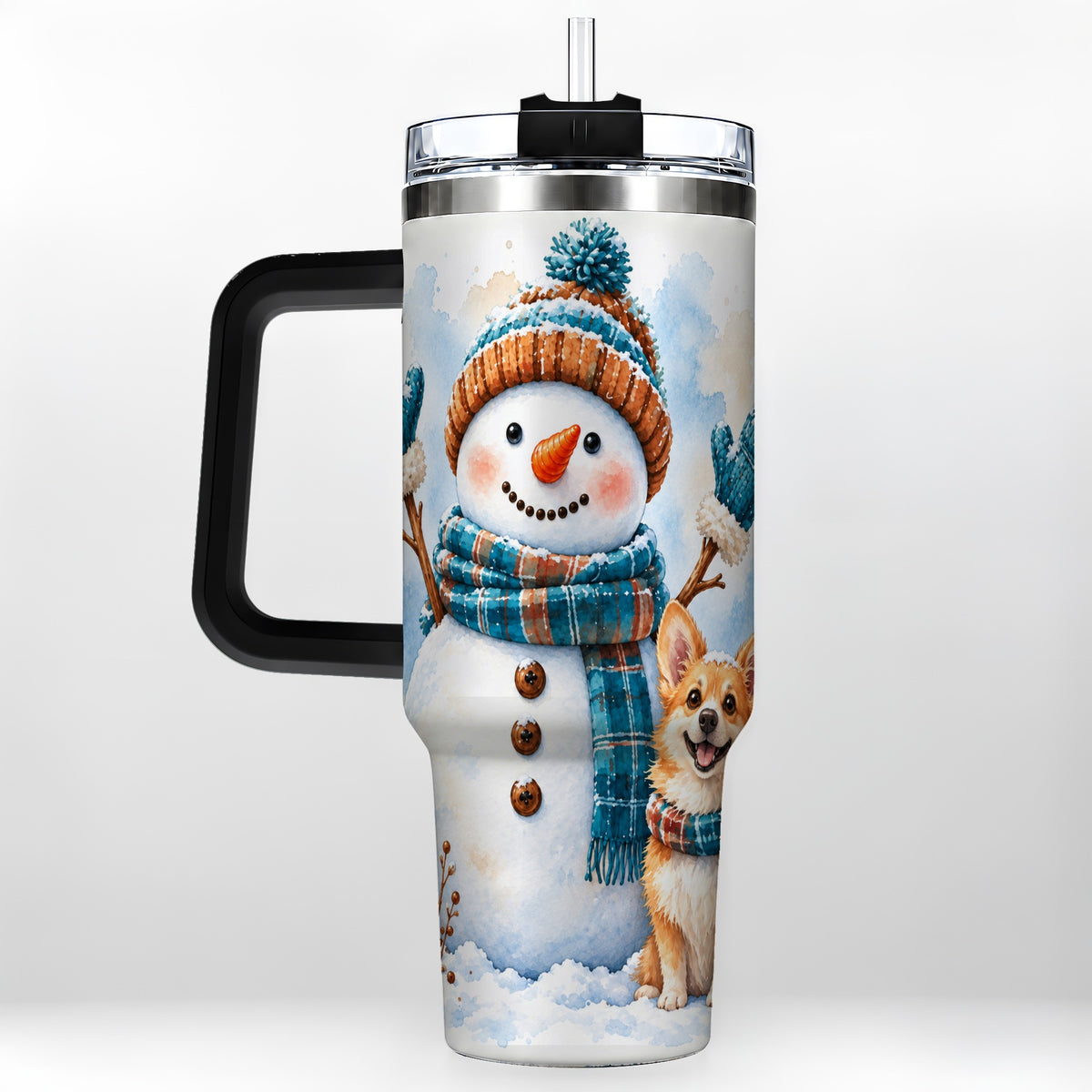 #pl[40oz|Black] Snowman Corgi 40oz Tumbler with Handle, Winter Stainless Steel Cup