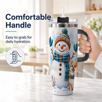 #pl[40oz|Black] Snowman Corgi 40oz Tumbler with Handle, Winter Stainless Steel Cup