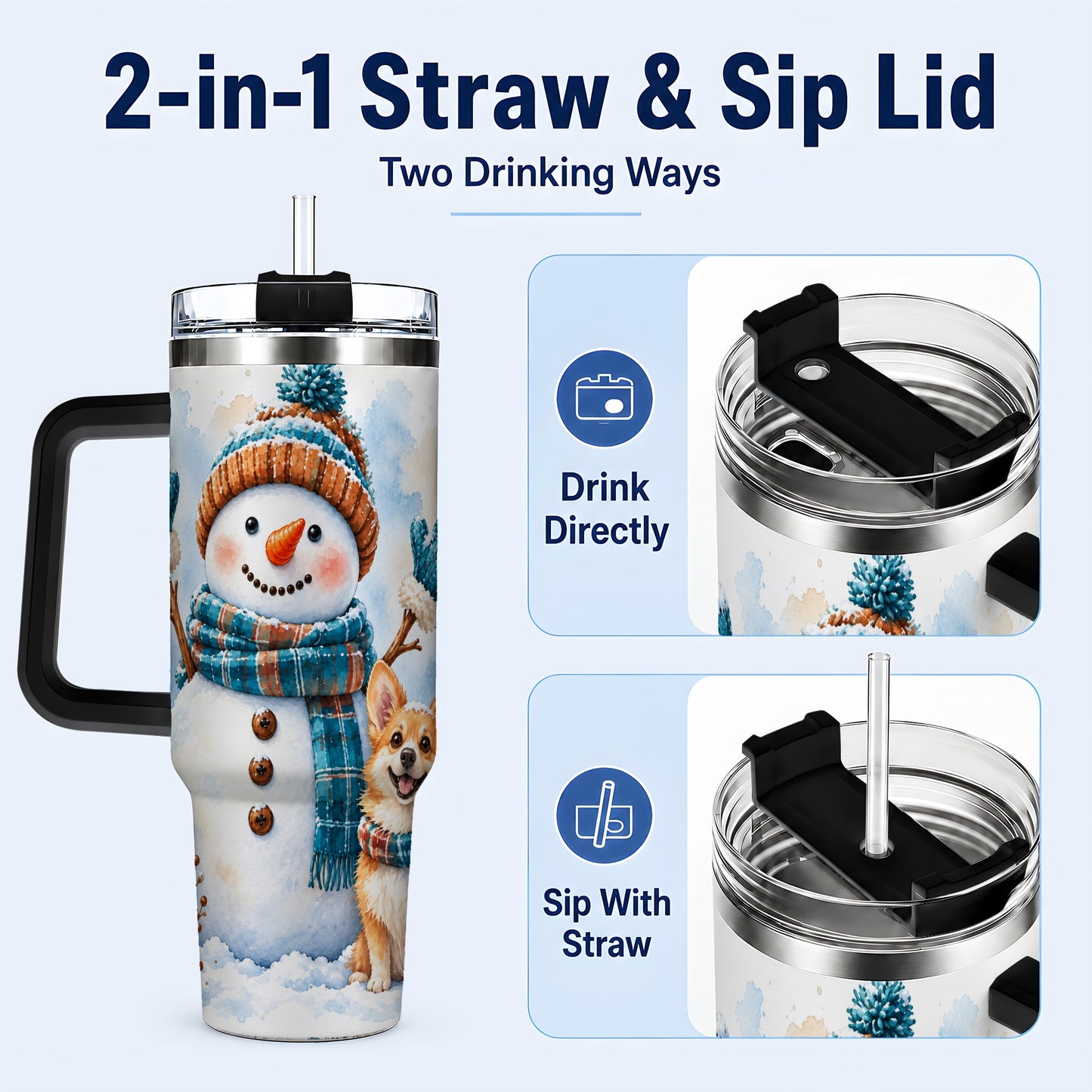 #pl[40oz|Black] Snowman Corgi 40oz Tumbler with Handle, Winter Stainless Steel Cup