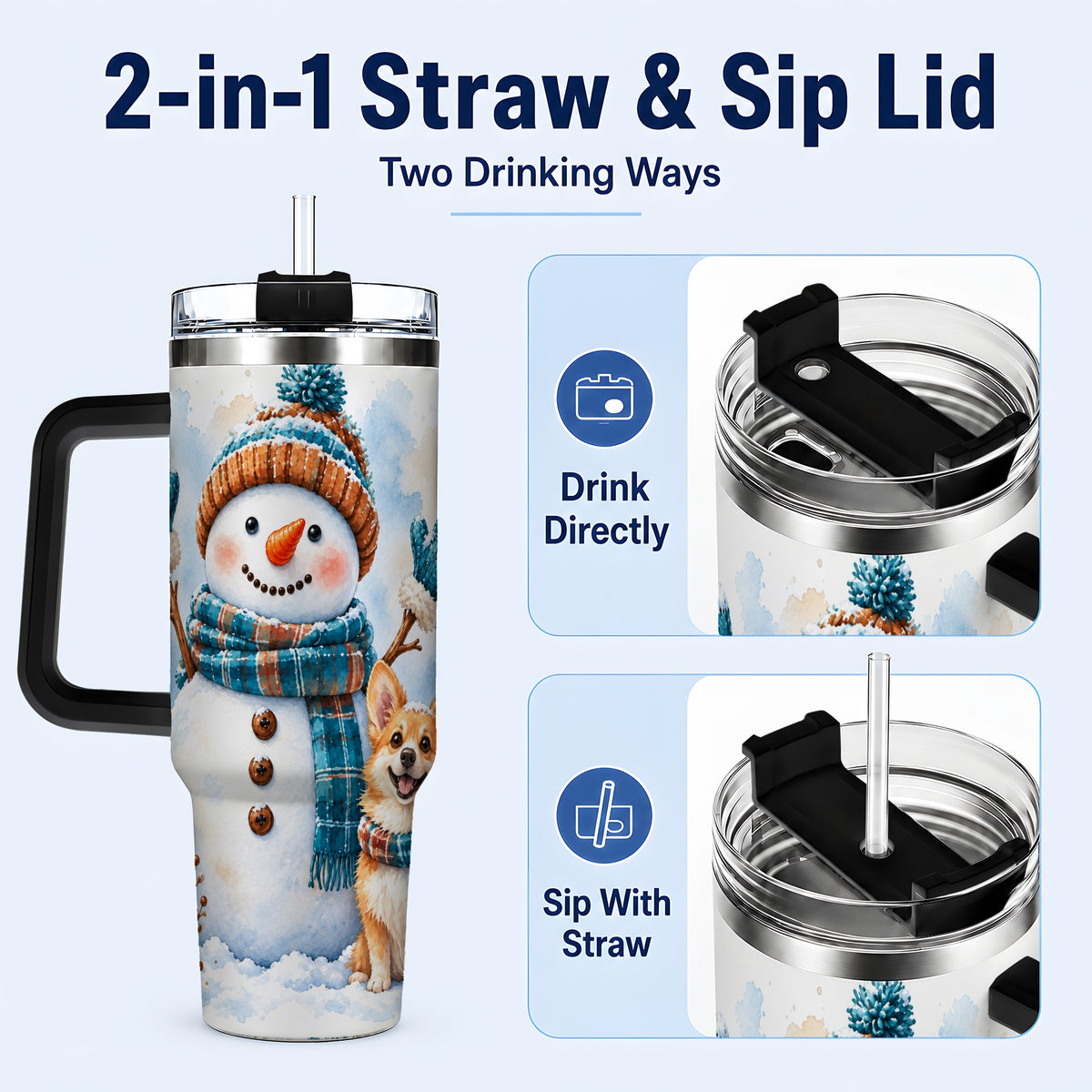 #pl[40oz|Black] Snowman Corgi 40oz Tumbler with Handle, Winter Stainless Steel Cup