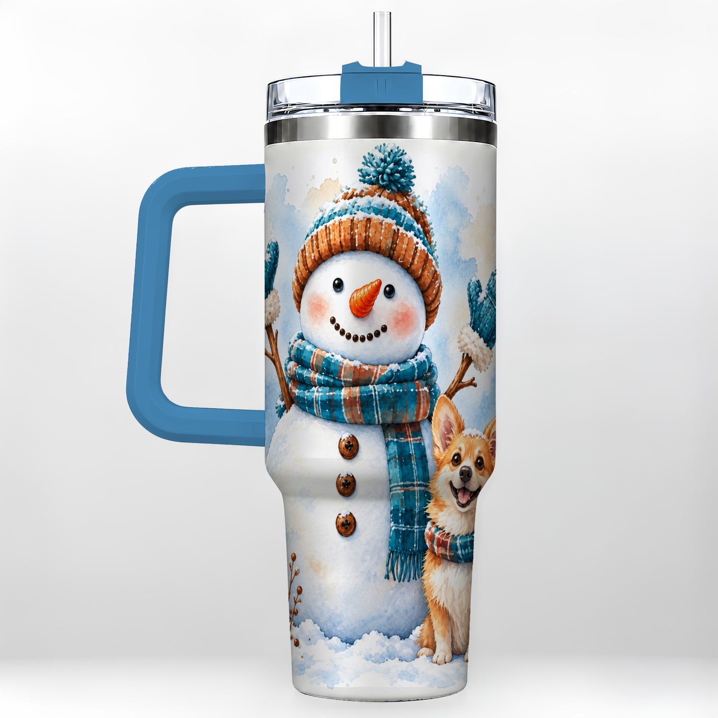 #pl[40oz|Blue] Snowman Corgi 40oz Tumbler with Handle, Winter Stainless Steel Cup