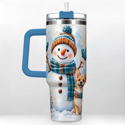#pl[40oz|Blue] Snowman Corgi 40oz Tumbler with Handle, Winter Stainless Steel Cup