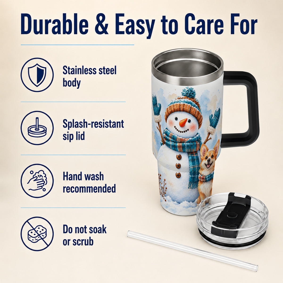 #pl[40oz|Black] Snowman Corgi 40oz Tumbler with Handle, Winter Stainless Steel Cup
