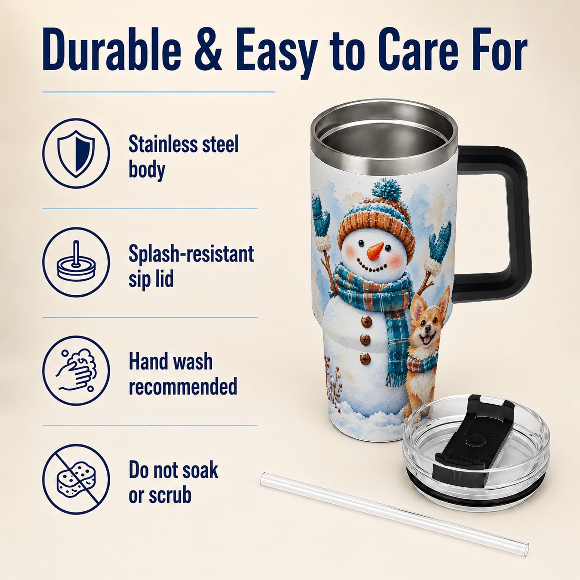 #pl[40oz|Black] Snowman Corgi 40oz Tumbler with Handle, Winter Stainless Steel Cup