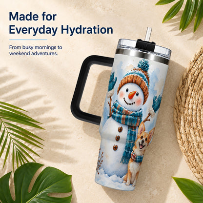 #pl[40oz|Black] Snowman Corgi 40oz Tumbler with Handle, Winter Stainless Steel Cup