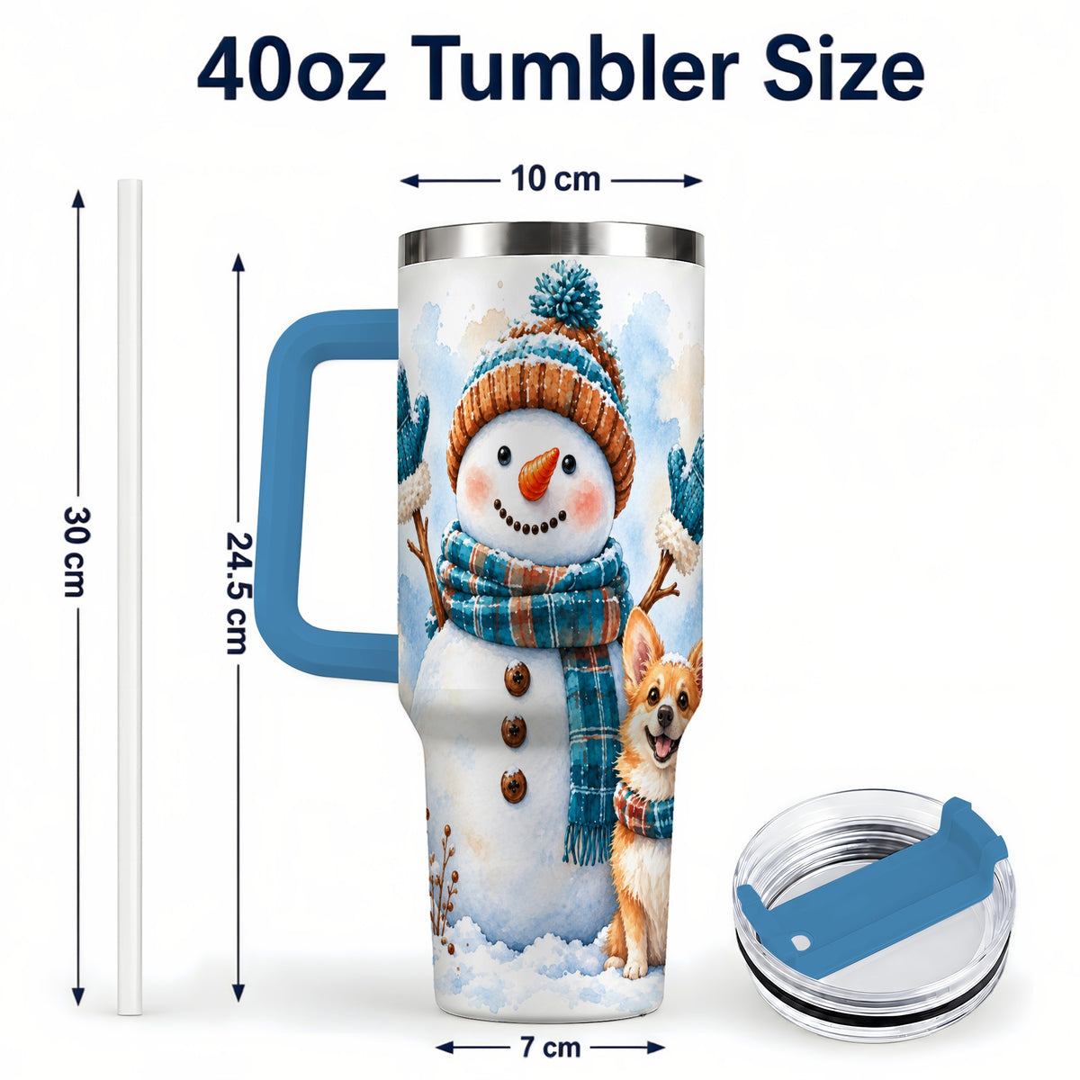 #pl[40oz|Blue] Snowman Corgi 40oz Tumbler with Handle, Winter Stainless Steel Cup