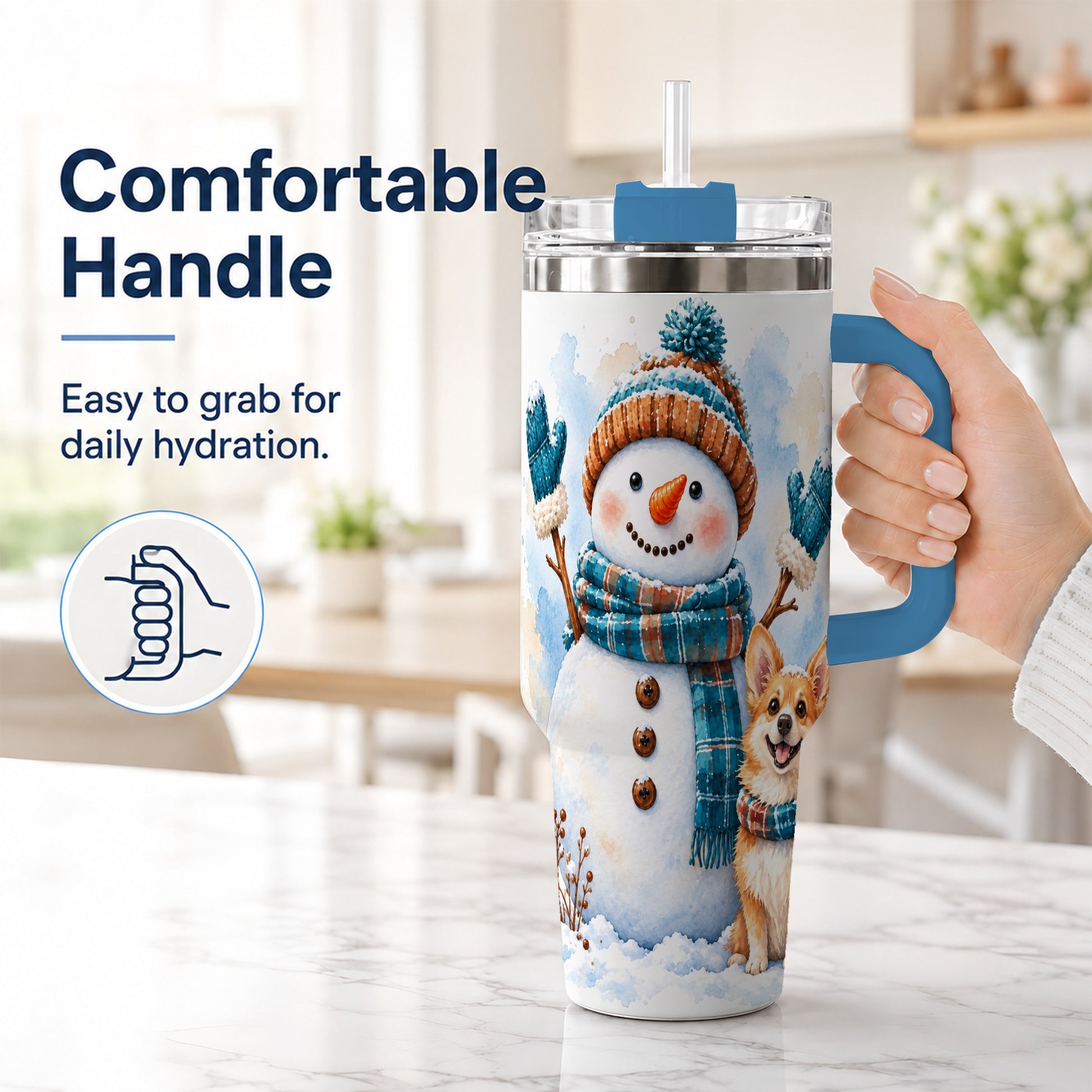#pl[40oz|Blue] Snowman Corgi 40oz Tumbler with Handle, Winter Stainless Steel Cup