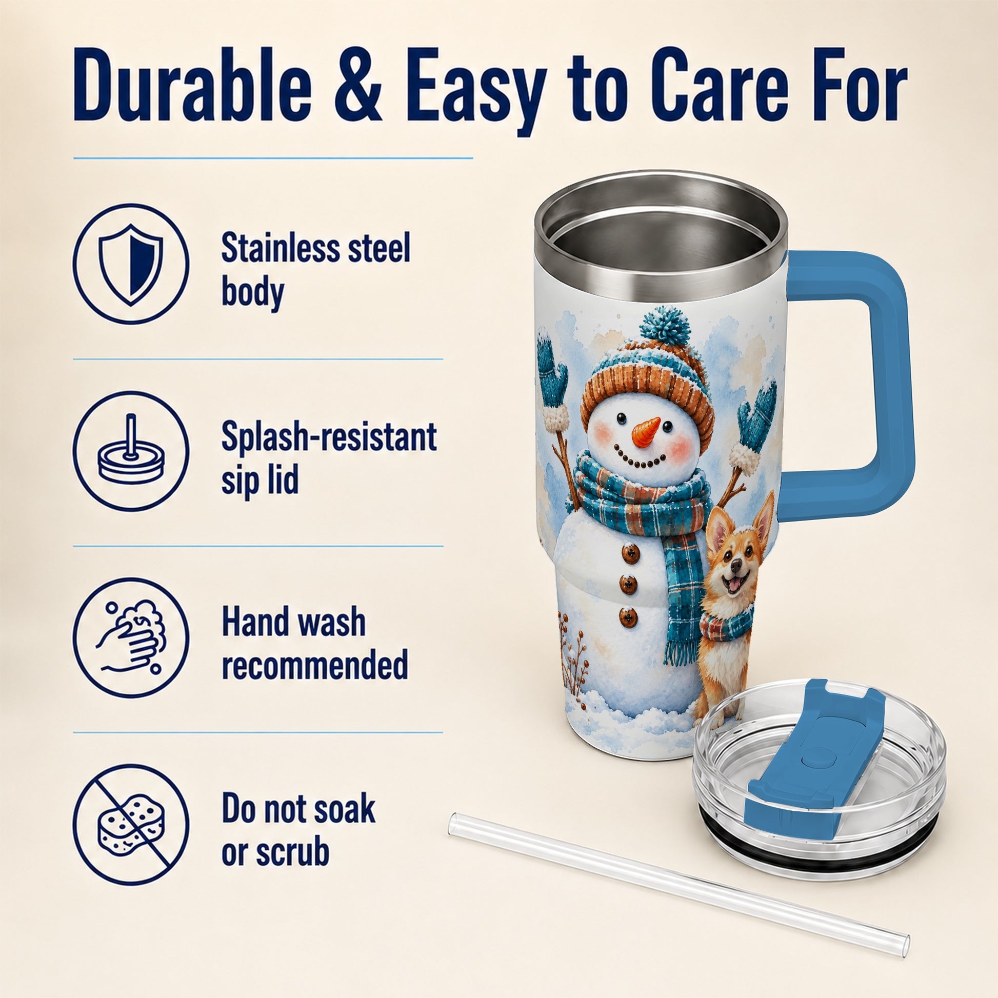 #pl[40oz|Blue] Snowman Corgi 40oz Tumbler with Handle, Winter Stainless Steel Cup