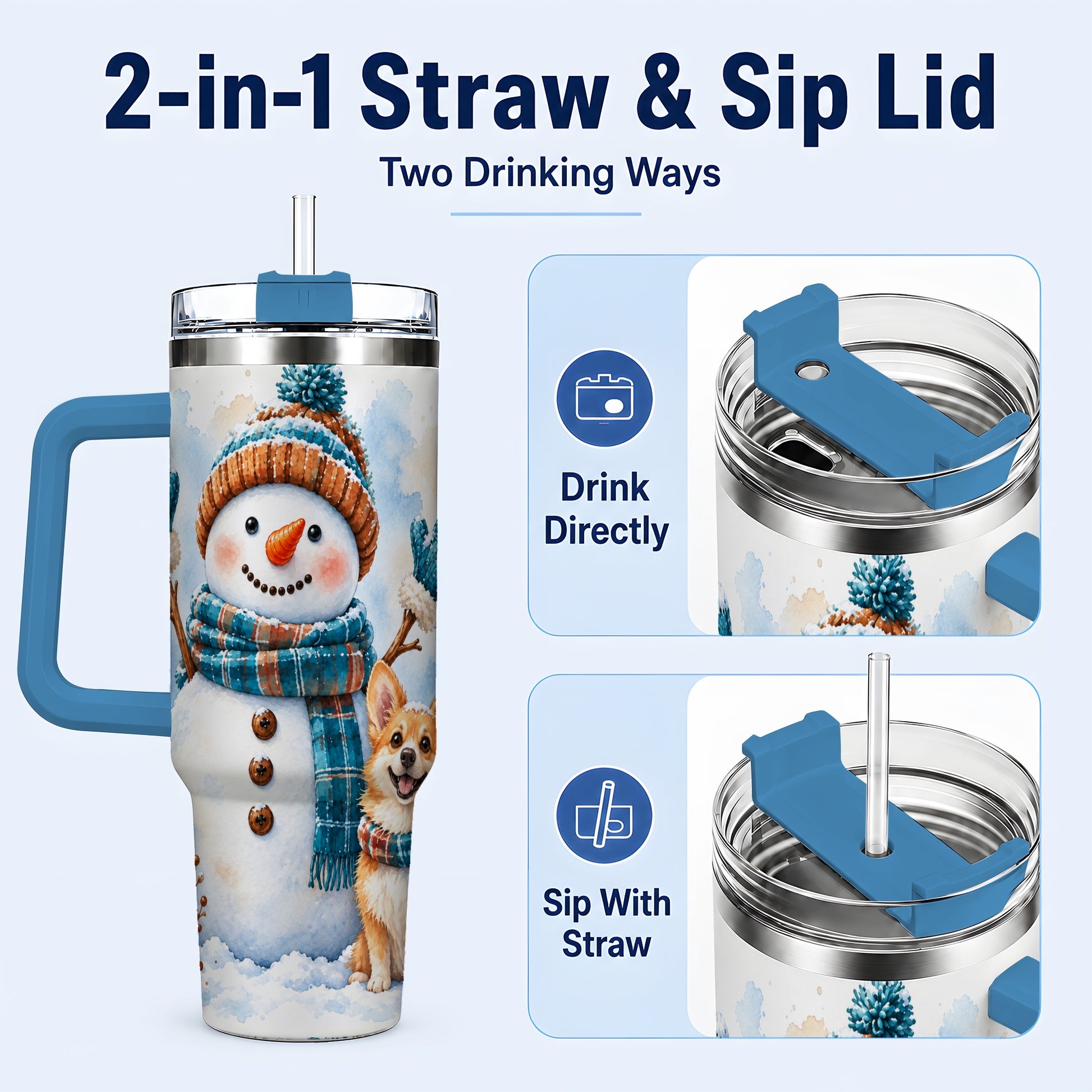 #pl[40oz|Blue] Snowman Corgi 40oz Tumbler with Handle, Winter Stainless Steel Cup