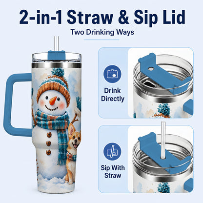 #pl[40oz|Blue] Snowman Corgi 40oz Tumbler with Handle, Winter Stainless Steel Cup