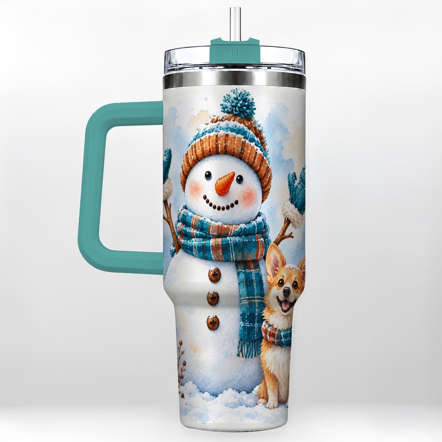 #pl[40oz|Green] Snowman Corgi 40oz Tumbler with Handle, Winter Stainless Steel Cup