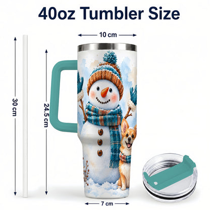 #pl[40oz|Green] Snowman Corgi 40oz Tumbler with Handle, Winter Stainless Steel Cup