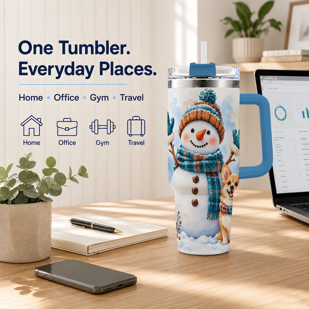 #pl[40oz|Blue] Snowman Corgi 40oz Tumbler with Handle, Winter Stainless Steel Cup