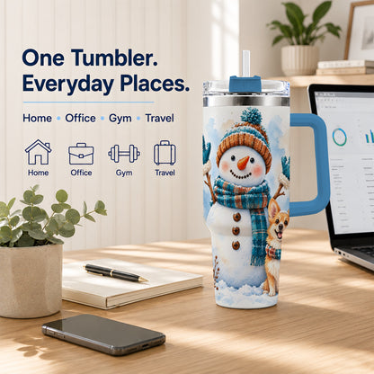 #pl[40oz|Blue] Snowman Corgi 40oz Tumbler with Handle, Winter Stainless Steel Cup