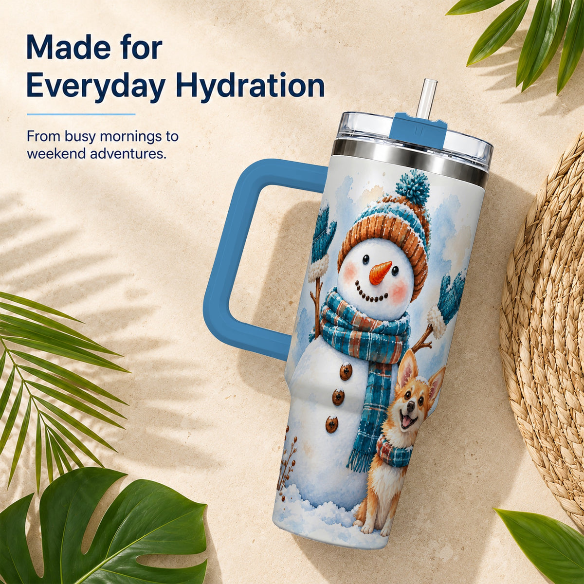 #pl[40oz|Blue] Snowman Corgi 40oz Tumbler with Handle, Winter Stainless Steel Cup