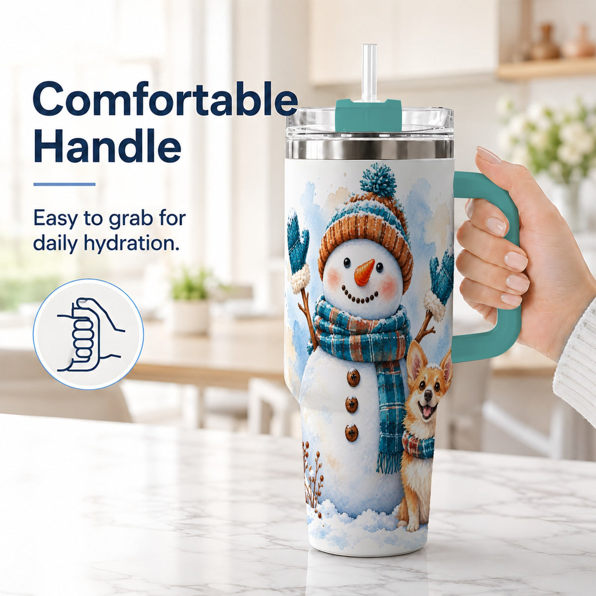#pl[40oz|Green] Snowman Corgi 40oz Tumbler with Handle, Winter Stainless Steel Cup