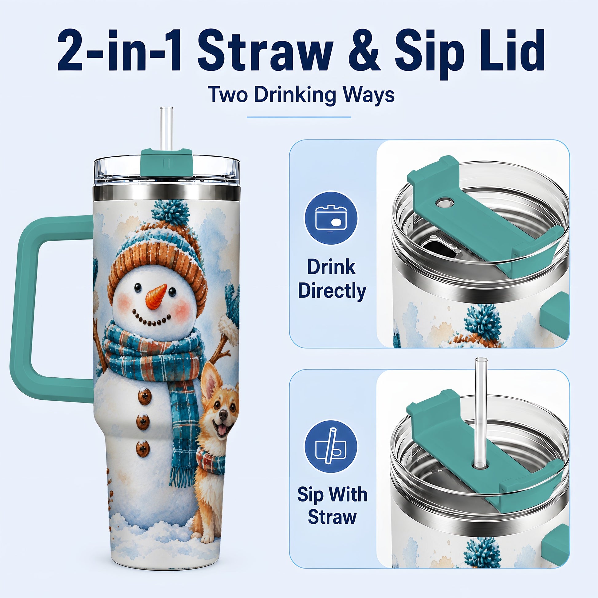 #pl[40oz|Green] Snowman Corgi 40oz Tumbler with Handle, Winter Stainless Steel Cup