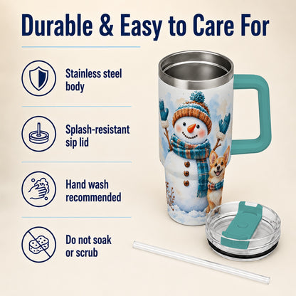 #pl[40oz|Green] Snowman Corgi 40oz Tumbler with Handle, Winter Stainless Steel Cup