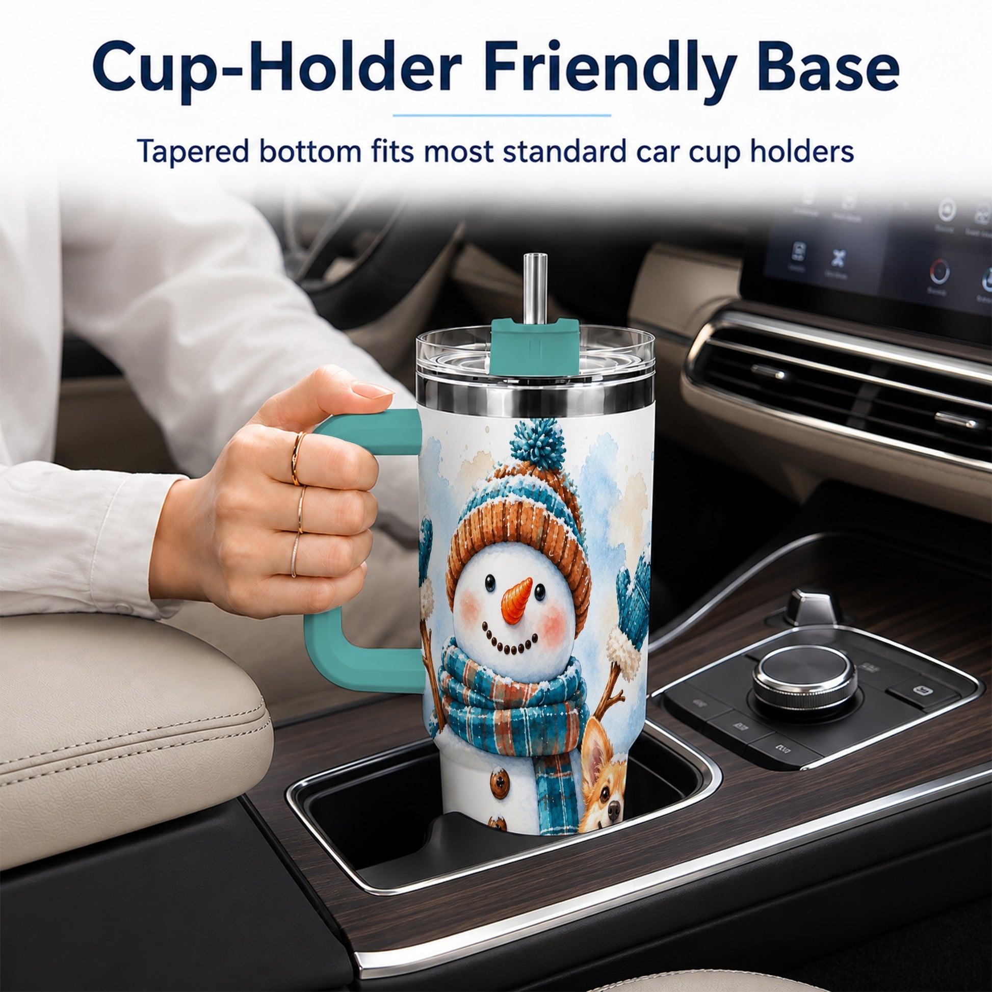 #pl[40oz|Green] Snowman Corgi 40oz Tumbler with Handle, Winter Stainless Steel Cup