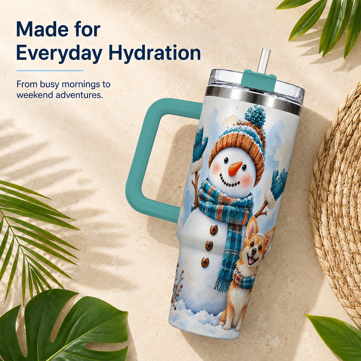 #pl[40oz|Green] Snowman Corgi 40oz Tumbler with Handle, Winter Stainless Steel Cup