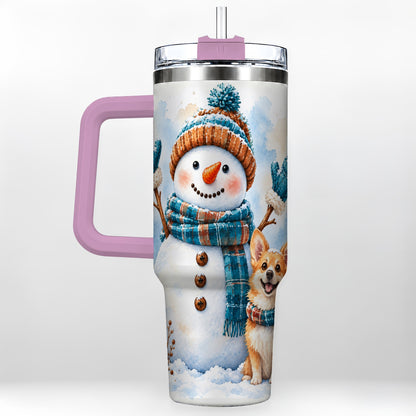 #pl[40oz|Pink] Snowman Corgi 40oz Tumbler with Handle, Winter Stainless Steel Cup