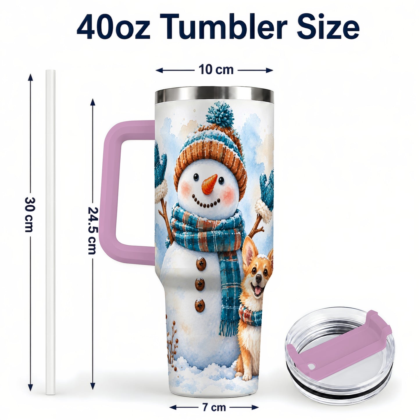 #pl[40oz|Pink] Snowman Corgi 40oz Tumbler with Handle, Winter Stainless Steel Cup