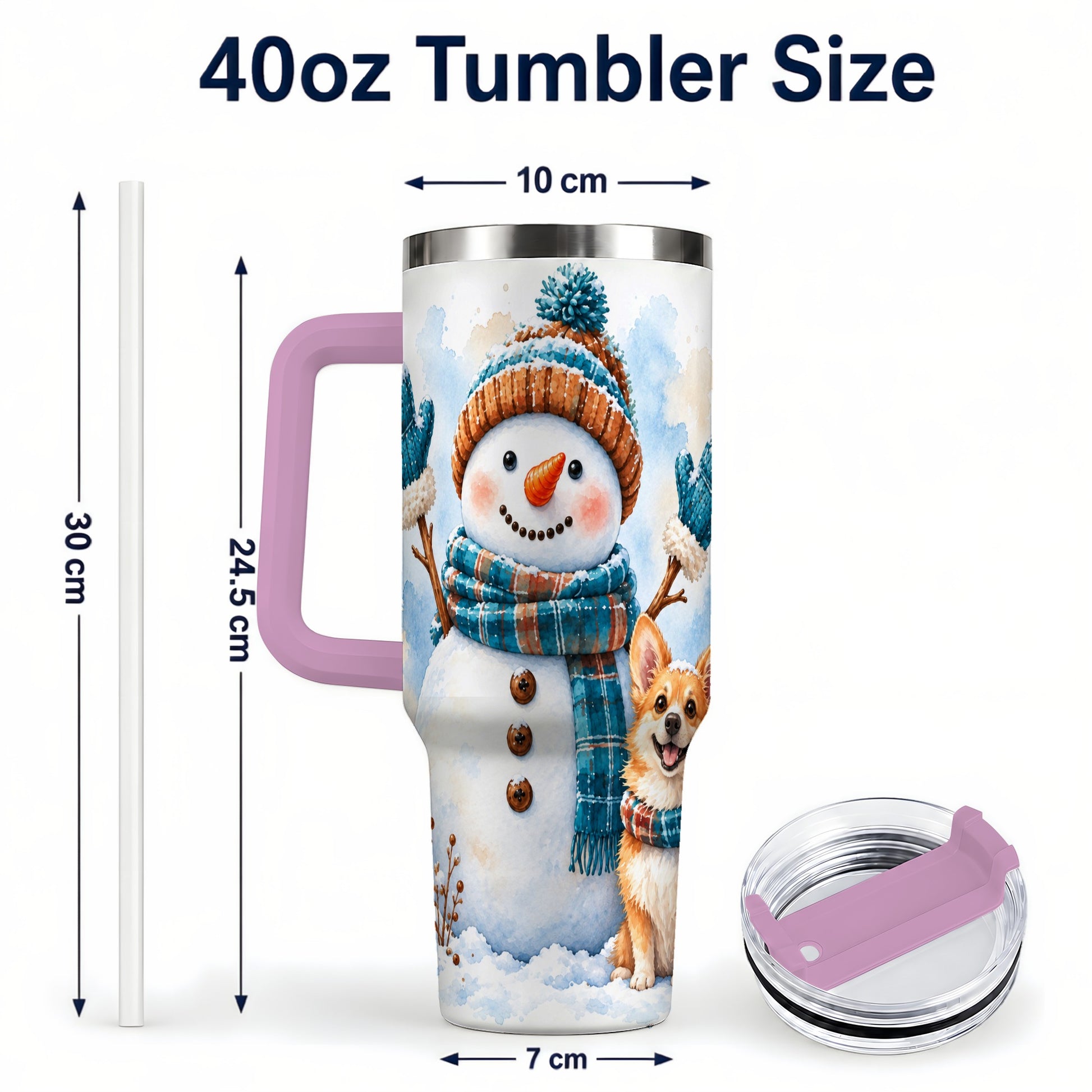 #pl[40oz|Pink] Snowman Corgi 40oz Tumbler with Handle, Winter Stainless Steel Cup