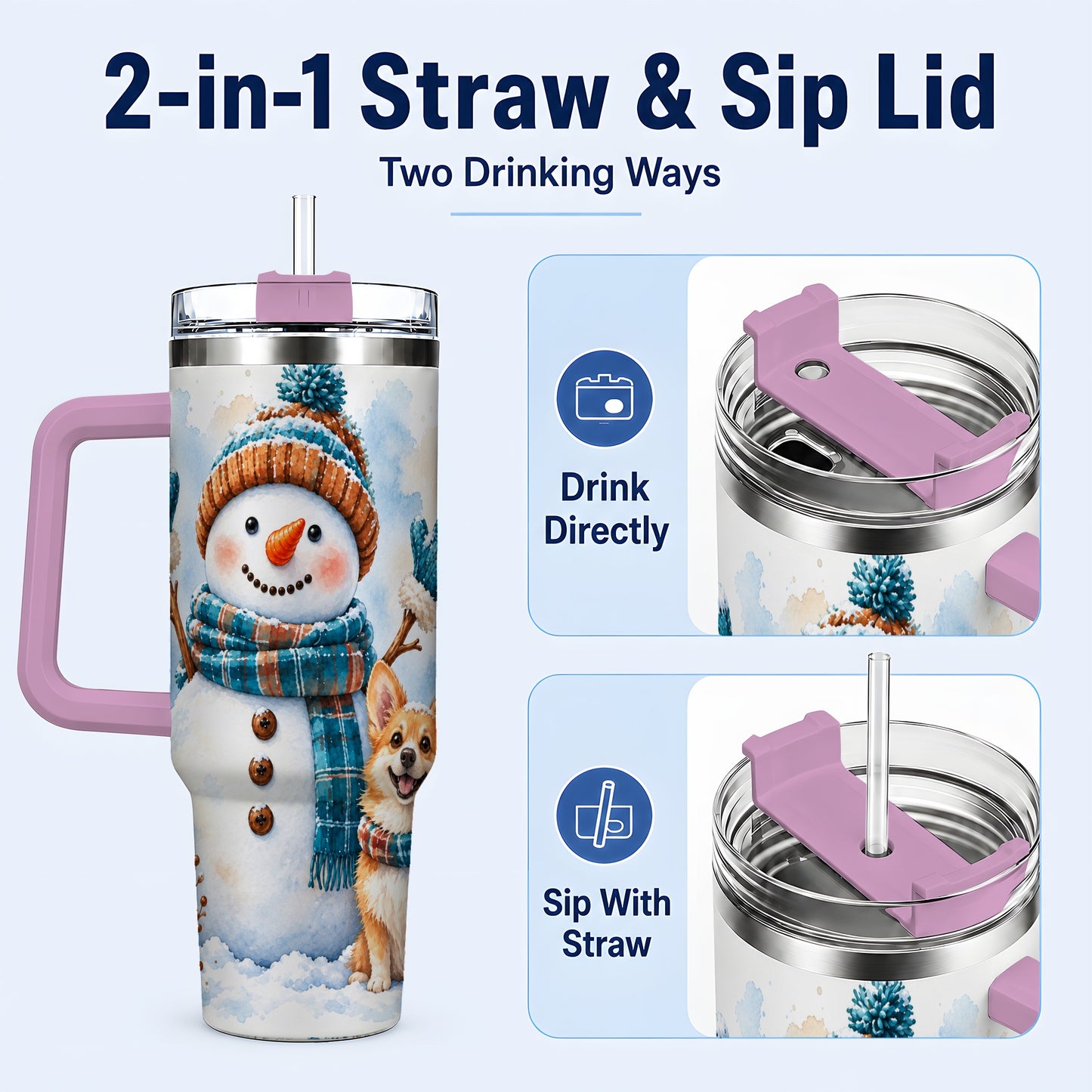 #pl[40oz|Pink] Snowman Corgi 40oz Tumbler with Handle, Winter Stainless Steel Cup