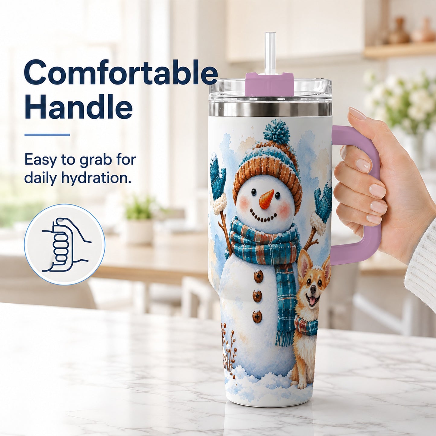 #pl[40oz|Pink] Snowman Corgi 40oz Tumbler with Handle, Winter Stainless Steel Cup