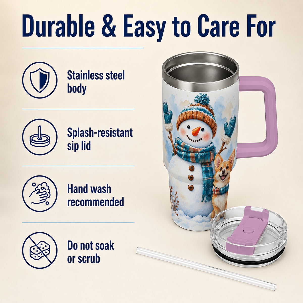 #pl[40oz|Pink] Snowman Corgi 40oz Tumbler with Handle, Winter Stainless Steel Cup