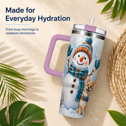 #pl[40oz|Pink] Snowman Corgi 40oz Tumbler with Handle, Winter Stainless Steel Cup