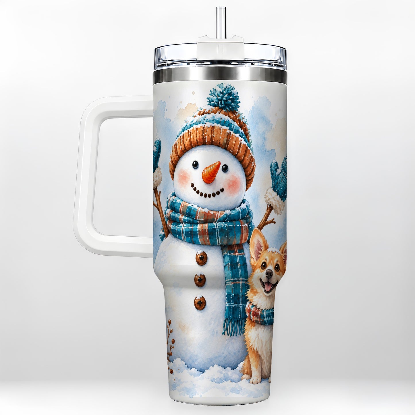 Snowman Corgi 40oz Tumbler with Handle, Winter Stainless Steel Cup