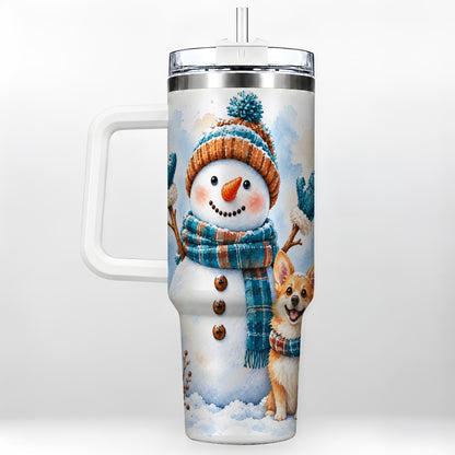 Snowman Corgi 40oz Tumbler with Handle, Winter Stainless Steel Cup