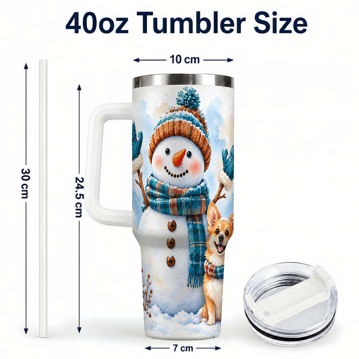 #pl[40oz|White] Snowman Corgi 40oz Tumbler with Handle, Winter Stainless Steel Cup