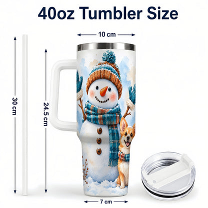 #pl[40oz|White] Snowman Corgi 40oz Tumbler with Handle, Winter Stainless Steel Cup