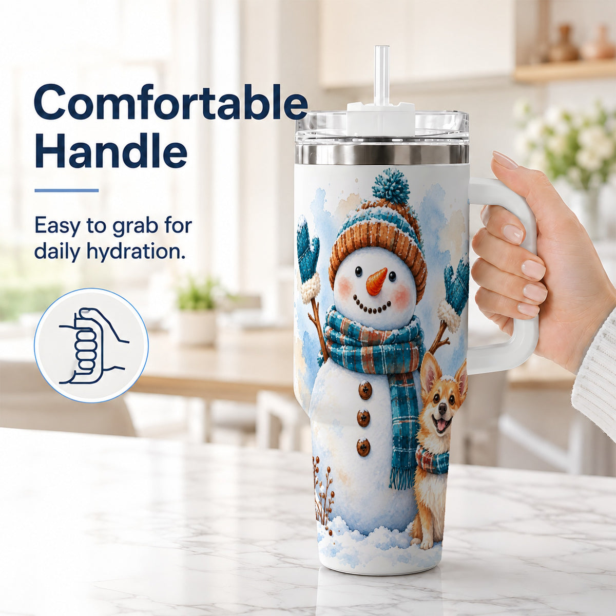 #pl[40oz|White] Snowman Corgi 40oz Tumbler with Handle, Winter Stainless Steel Cup