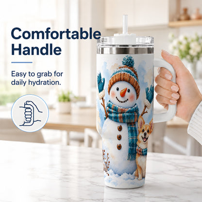 #pl[40oz|White] Snowman Corgi 40oz Tumbler with Handle, Winter Stainless Steel Cup