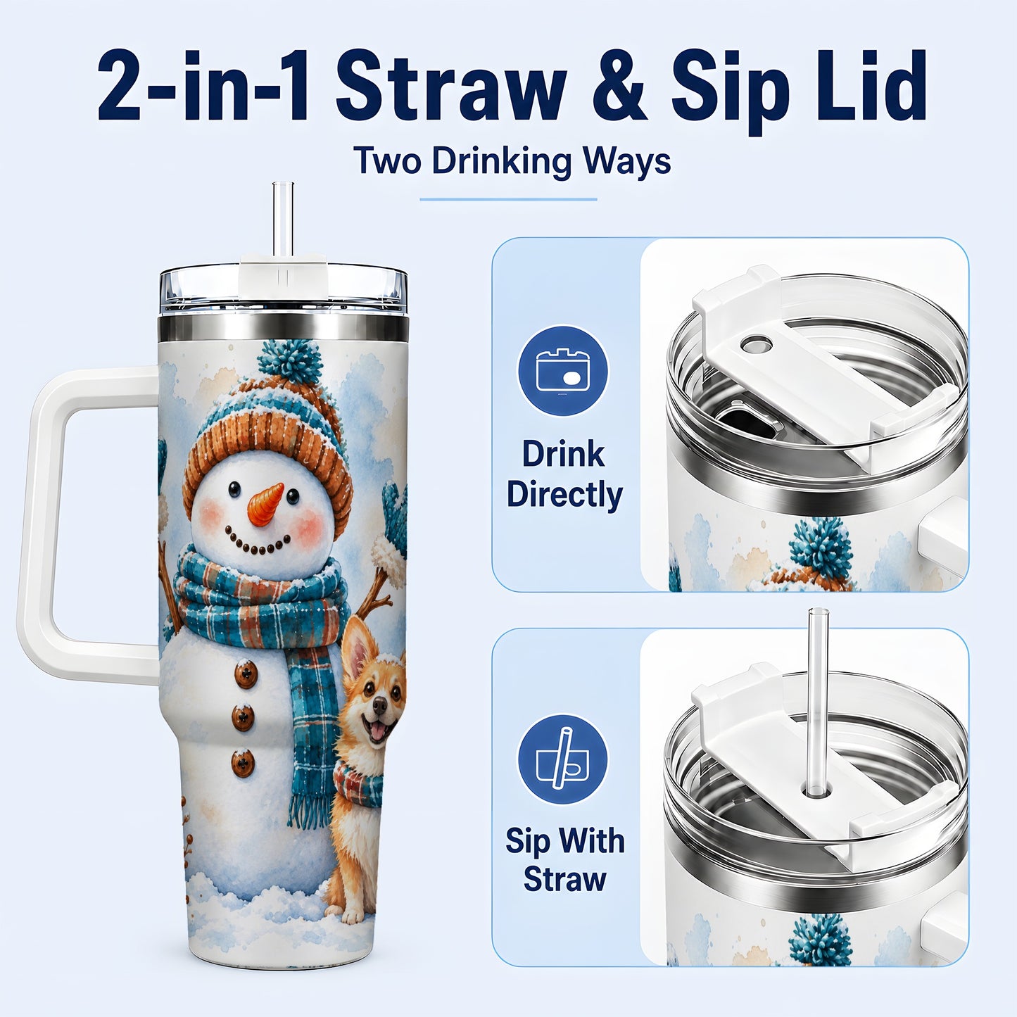 #pl[40oz|White] Snowman Corgi 40oz Tumbler with Handle, Winter Stainless Steel Cup