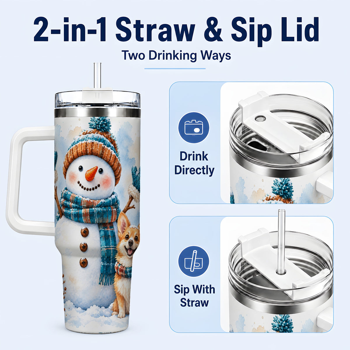 #pl[40oz|White] Snowman Corgi 40oz Tumbler with Handle, Winter Stainless Steel Cup