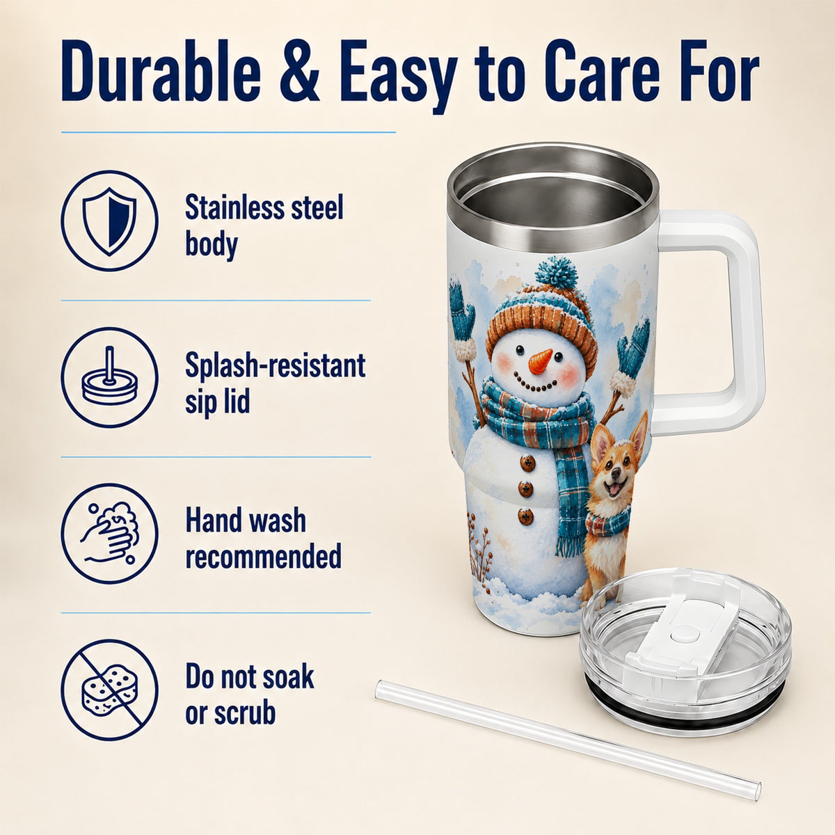 #pl[40oz|White] Snowman Corgi 40oz Tumbler with Handle, Winter Stainless Steel Cup