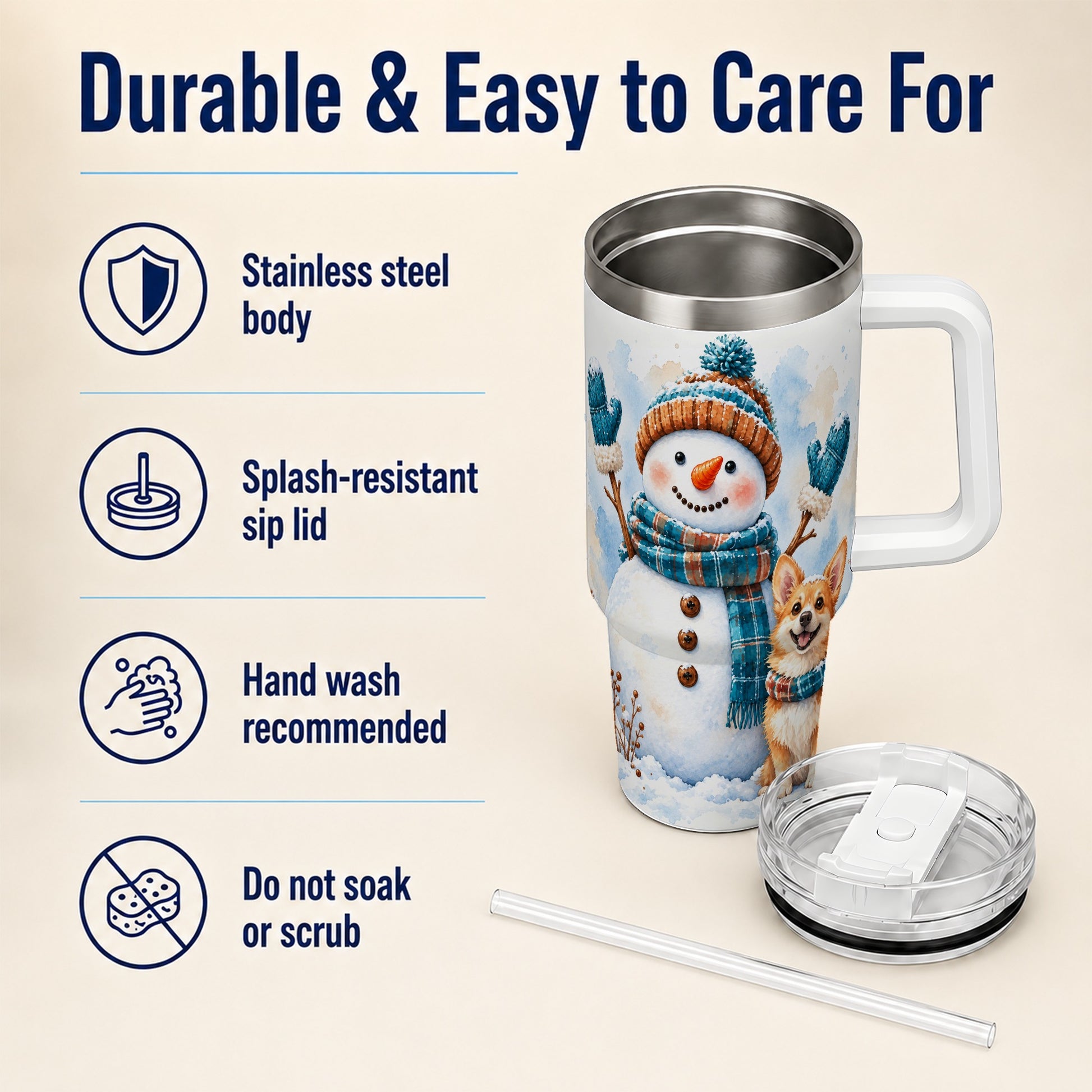 #pl[40oz|White] Snowman Corgi 40oz Tumbler with Handle, Winter Stainless Steel Cup