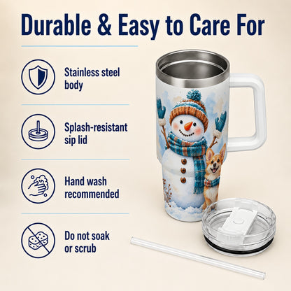 #pl[40oz|White] Snowman Corgi 40oz Tumbler with Handle, Winter Stainless Steel Cup