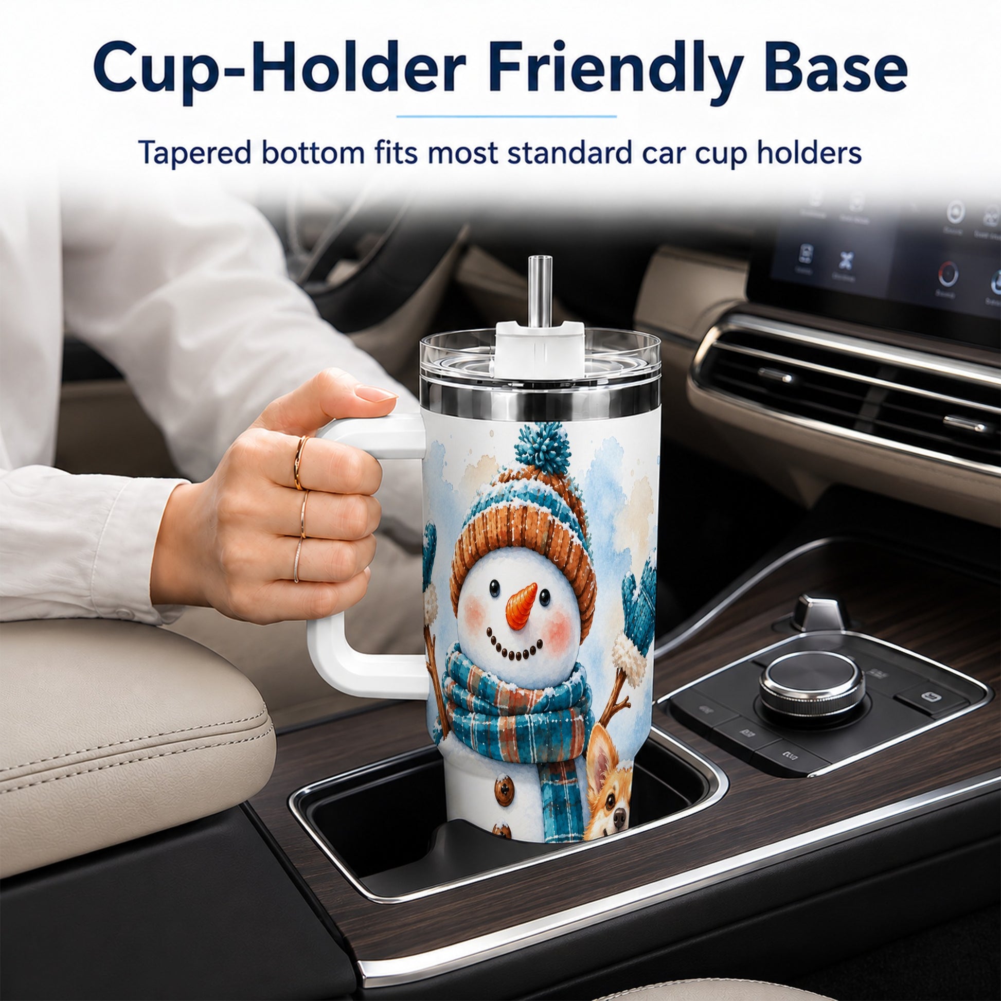 #pl[40oz|White] Snowman Corgi 40oz Tumbler with Handle, Winter Stainless Steel Cup