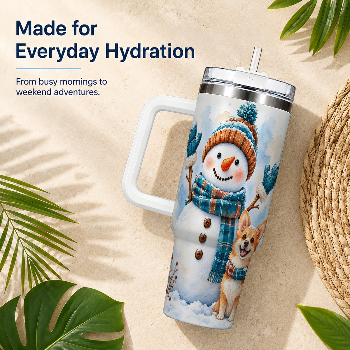 #pl[40oz|White] Snowman Corgi 40oz Tumbler with Handle, Winter Stainless Steel Cup