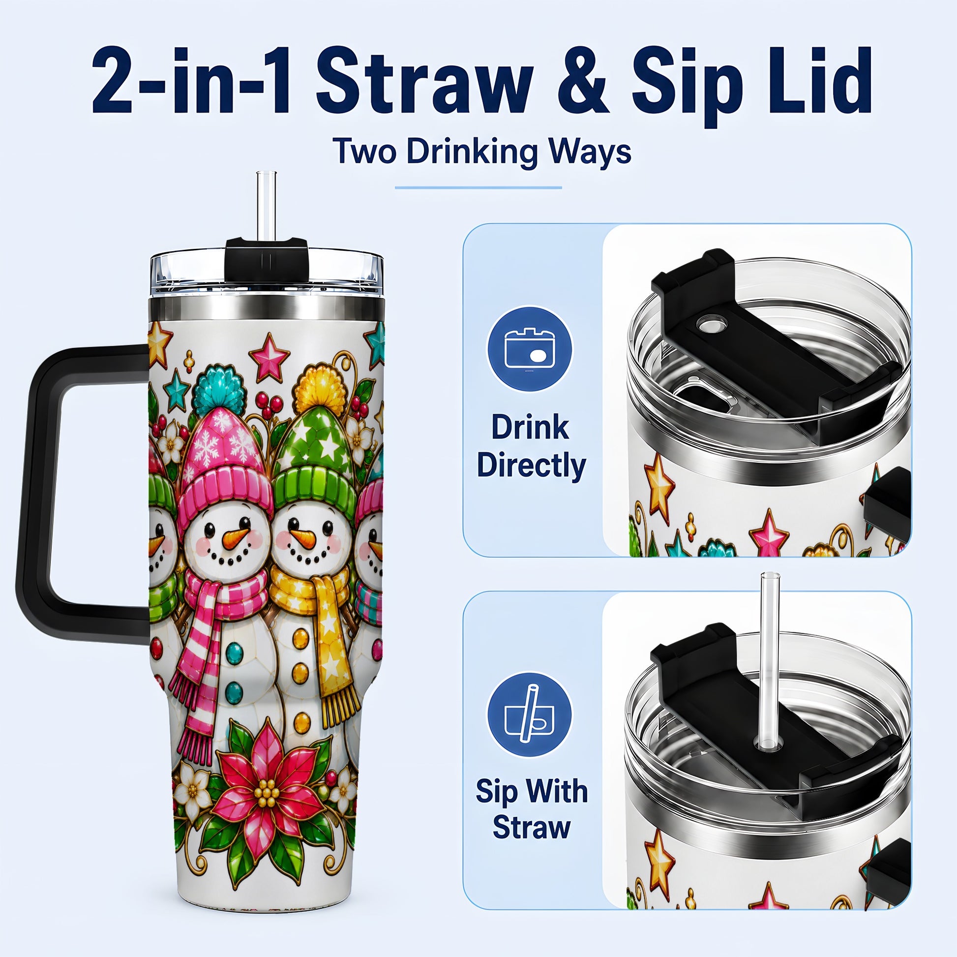 #pl[40oz|Black] Snowman Family 40oz Tumbler with Handle, Christmas Stainless Steel Cup