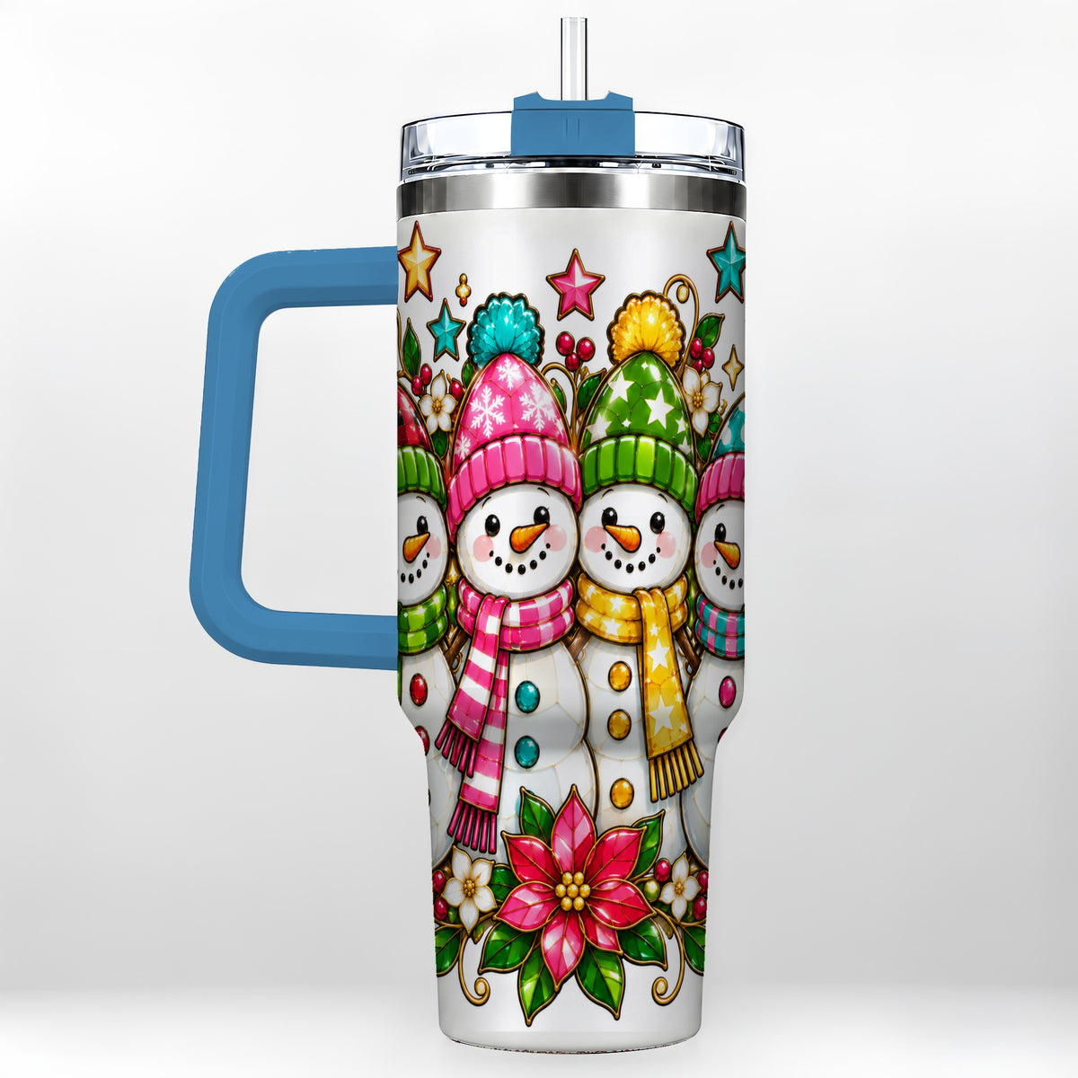 #pl[40oz|Blue] Snowman Family 40oz Tumbler with Handle, Christmas Stainless Steel Cup